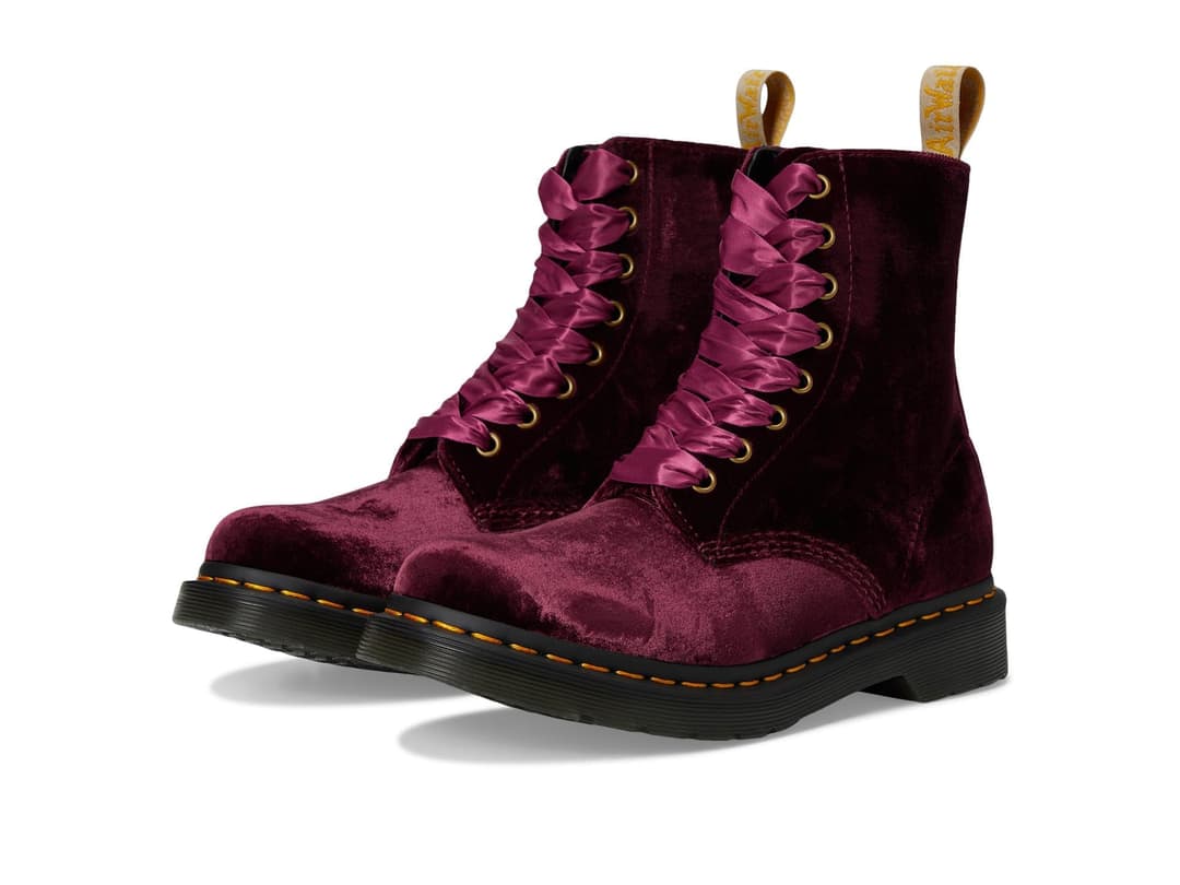Dr. Martens Women's Vegan 1460 Pascal Velvet 8 Eye Boot Fashion, Cherry Red, 3 UK