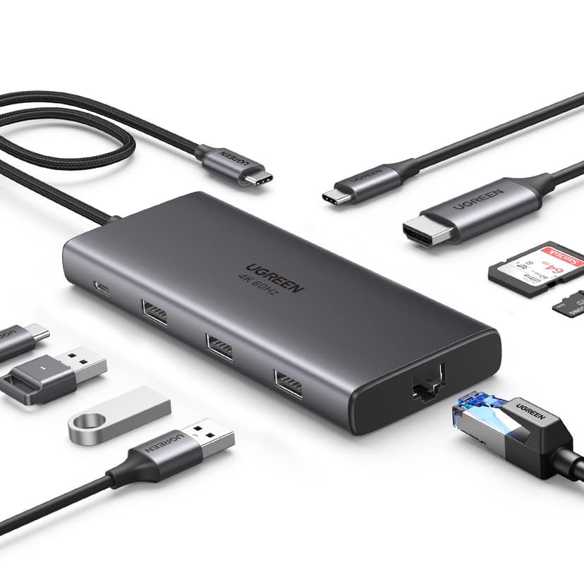 UGREEN Revodok USB C Hub, 9-in-1 Dock with 4K@60Hz HDMI, 10Gbps USB-C & USB-A Data Ports, 100W PD, Ethernet SD/TF Card Slots for MacBook Air M1/M2, iPad Pro, Surface, XPS, ThinkPad Space Grey (15532) - 1
