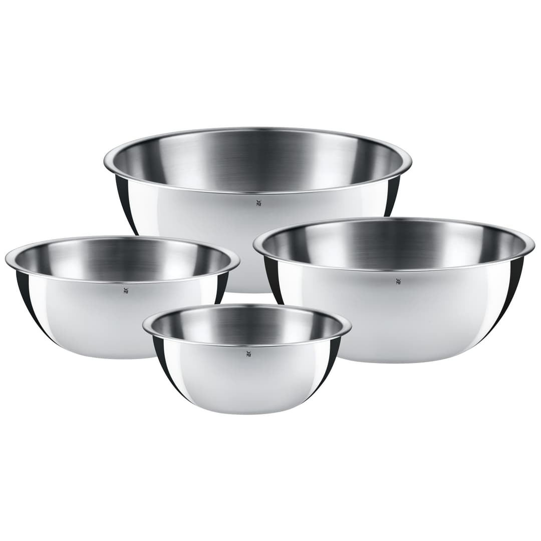 WMF Gourmet Set de 4 saladiers en acier inoxydable Cromargan, Bord verseur à 360°, Versement anti-goutte, Polyvalents, Bols empilables peu encombrants, Lavables au lave-vaisselle 0645709990