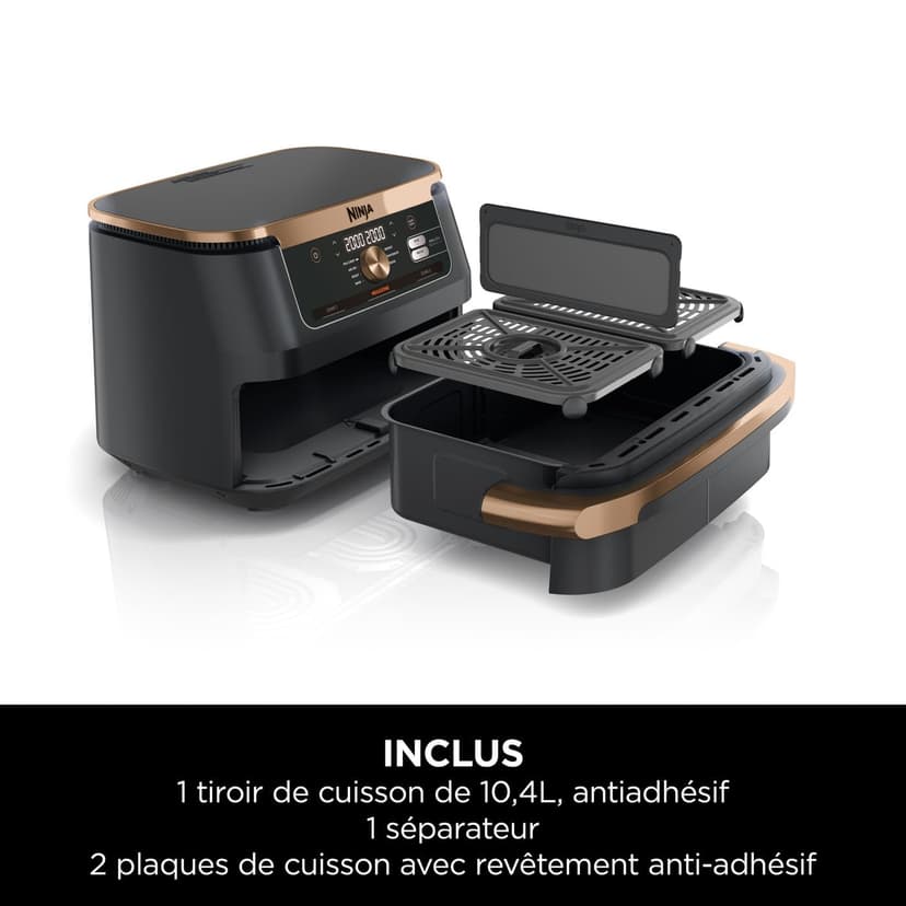 Ninja Foodi FlexDrawer 10.4L Oil-Free Fryer, 7 Modes, Roast, Bake, Non-Oil Frying, Crispy, Warm, Dehydrate, Rise, XL, Savings, DualZone Black/Copper OL750EUDBCP - 2