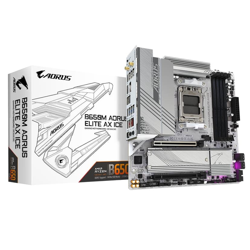 Gigabyte B650M AORUS ELITE AX ICE Motherboard - Supports AMD Ryzen 8000 CPUs, 12+2+2 Phases Digital VRM, up to 8000MHz DDR5 (OC), 1xPCIe 5.0 + 1xPCIe 4.0 M.2, Wi-Fi 6E, 2.5GbE LAN, USB 3.2 Gen 2 - 1