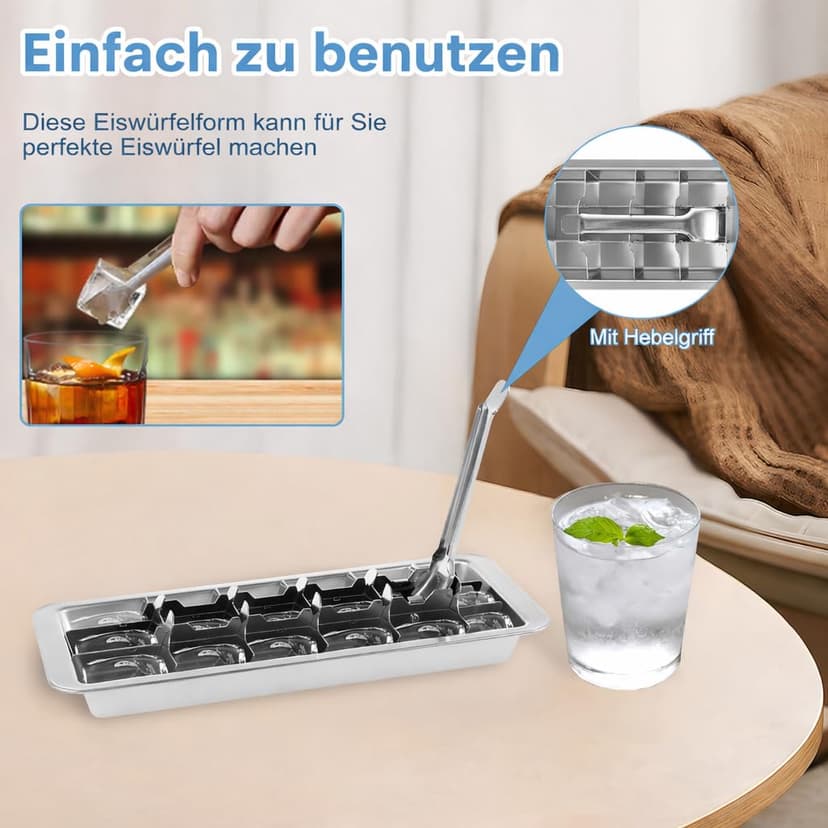 Ice Cube Tray, Stainless Steel, 18 Slots, Ice Cube Tray with Handle, Effortless Removal, Large Metal Ice Cube, Ice Cube Tray for Drinks, Whisky, Gin, Rum - 4