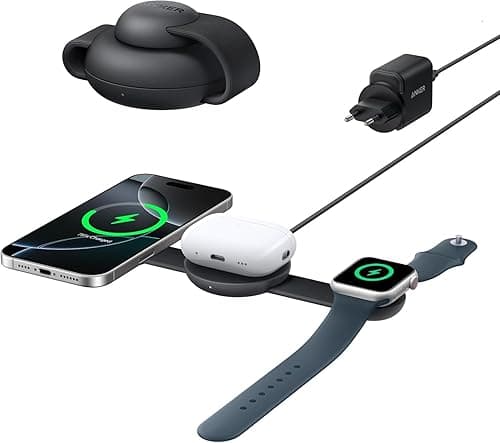 Anker MagGo Chargeur Induction iPhone Station de Recharge Sans Fil 3 en 1 Compatible MagSafe, Certifié Qi2 15W, Chargeur de Voyage pliable, iPhone 17/16/15, AirPods,Apple Watch (chargeur USB-C inclus)
