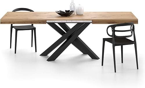 Mobili Fiver, Emma 160(240) x90 cm Extendable Table, Rustic Oak with Black Crossed Legs, Made In Italy
