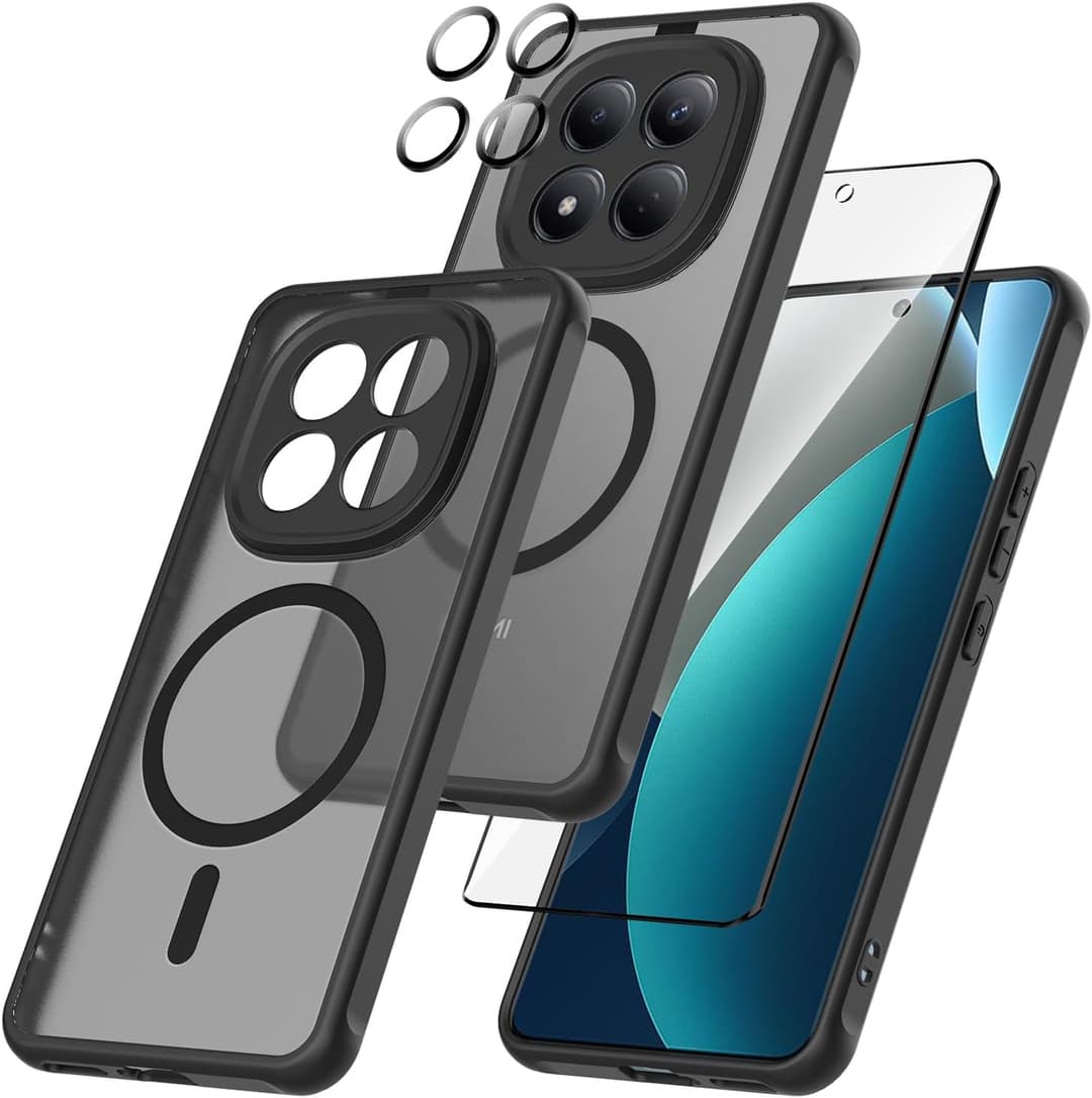 3 in 1 Cover Compatible with Xiaomi Redmi Note 15 Pro Plus 5G with 1 Tempered Glass and 1 Camera Glass, Suitable for Magnetic Mounts, Shockproof Translucent Matte Case, Black