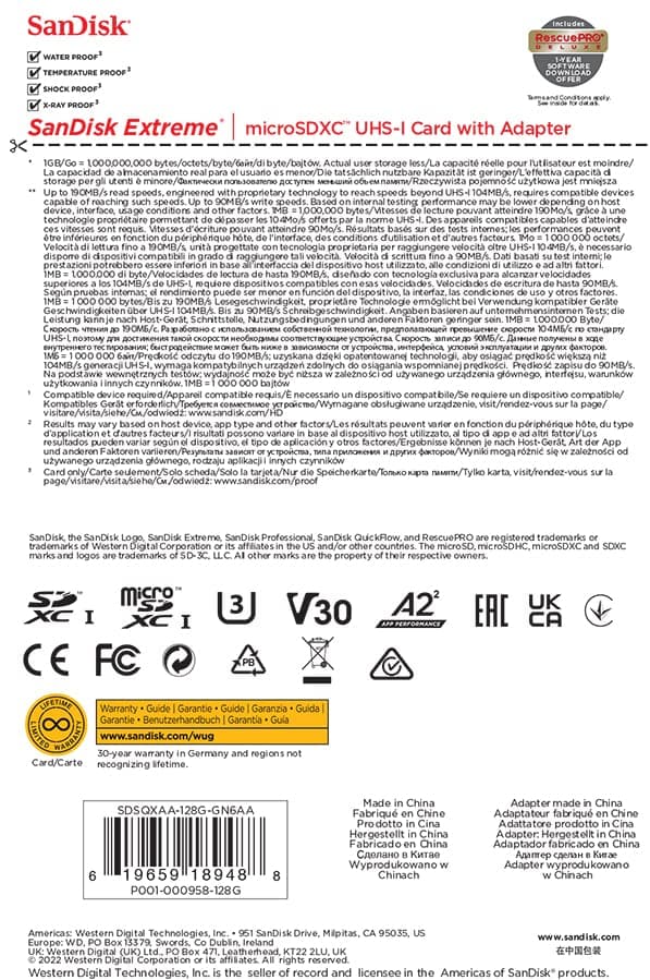SanDisk 128 Go Extreme carte microSDXC pour caméras embarquées et drones + Adaptateur SD + RescuePRO Deluxe, jusqu'à 190 Mo/s, avec performances A2 App, UHS-I , Classe 10, U3, V30 - 7