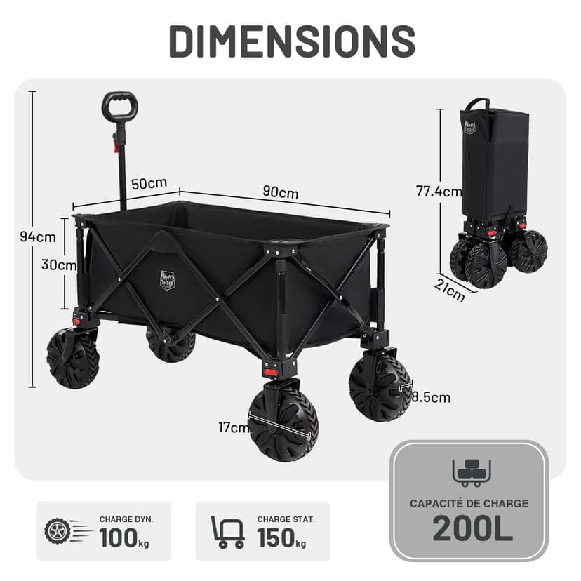TIMBER RIDGE XXL Chariot de Transport Pliable avec Frein Chariot Plage à roulettes Tout Terrain Roues Amovibles Poignée Réglable Poche Latérale pour Jardin Plage Camping Pique-Nique BBQ Match - 3