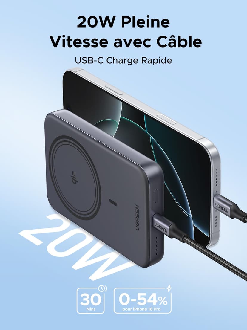 UGREEN Nexode Qi2 15W Batterie Externe 10000mAh 20W Certifié Compatible avec MagSafe iPhone 17 16 15 14 13 12 Air Plus Pro Max Power Bank Induction USB C Charge Rapide Chargeur Portable Magnétique - 4