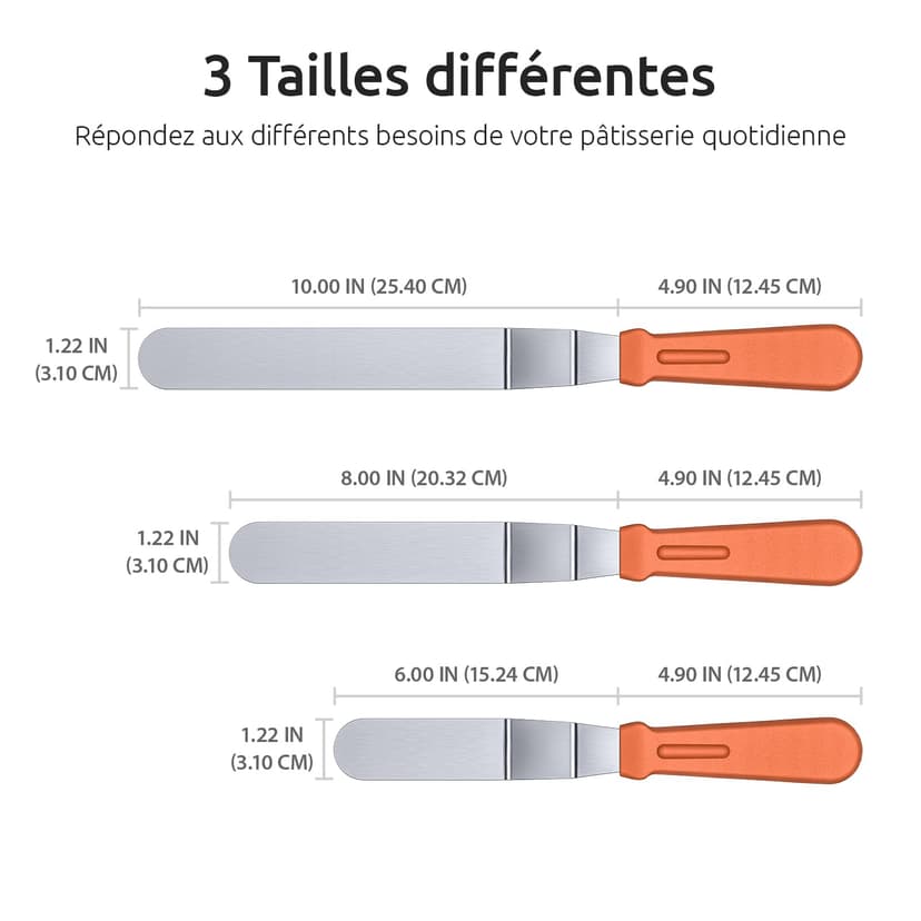 U-Taste Icing Spatula Set of 3: 18/0 Stainless Steel Cake Palette Knife, Angled Offset Spatula for Baking Cake Decorating Frosting, 15/20/25cm Metal Blade with 12cm PP Plastic Handle (Orange) - 3
