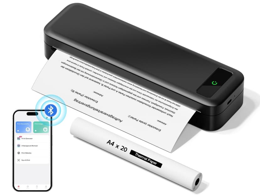 Portable Thermal Printer A4 Inkless Wireless Bluetooth Compatible with iOS, Android, Small Mobile Receipt Printer for Home Use, Office & School, 160 Sheets at Full Charge, With 1 Thermal Roll - Black - 1