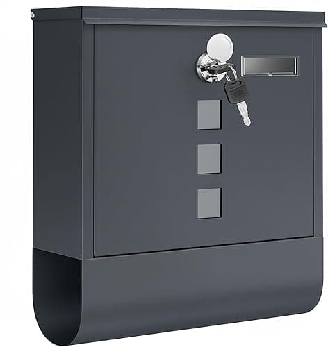 SONGMICS GMB20AG Wall-Mounted Post Box with Lock with Rotating Lid, Viewing Window, Name Holder, Newspaper Compartment, Easy Assembly, 10 x 30.8 x 33.8 cm, Charcoal Grey