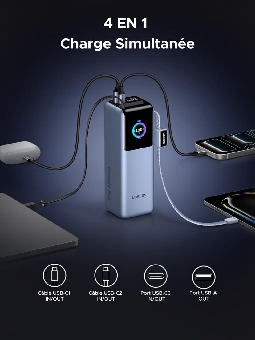 UGREEN Nexode Laptop Power Bank 25000mAh 200W Fast Charging Portable Charger Built-in Retractable Cable & Smart Display 4-Way Output Battery Pack Compatible with Dell, HP, iPad, iPhone 17/16 - 6