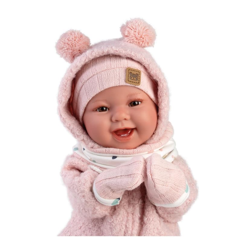 Llorens 1018480 Tala Baby Doll with Brown Eyes and Soft Body, Baby Doll with Fluffy Pink Winter Outfit, Dummy, Dummy Chain, 44 cm - 2