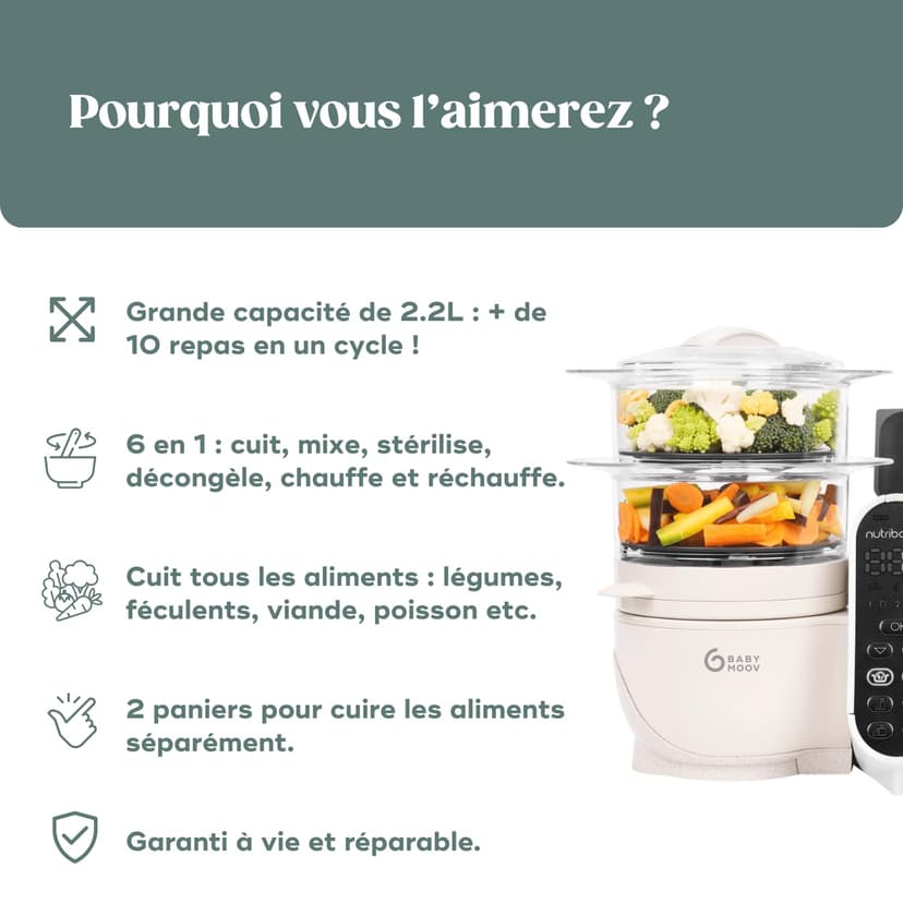 Babymoov Nutribaby(+), 6-in-1 Multifunctional Baby Food Steamer Mixer, Large Capacity 2.2L, Small Baby Pots, Ideal Food Diversification, Mineral Beige - 4