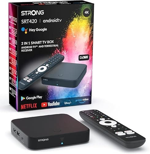 STRONG SRT420 Hybrid Streaming Box Android TV + TNT, 4K, HDR, Dolby® Digital and Dolby® Digital Plus, Chromecast, Voice Assistant Google, Netflix, Disney+, Prime, WiFi, Ethernet, Bluetooth