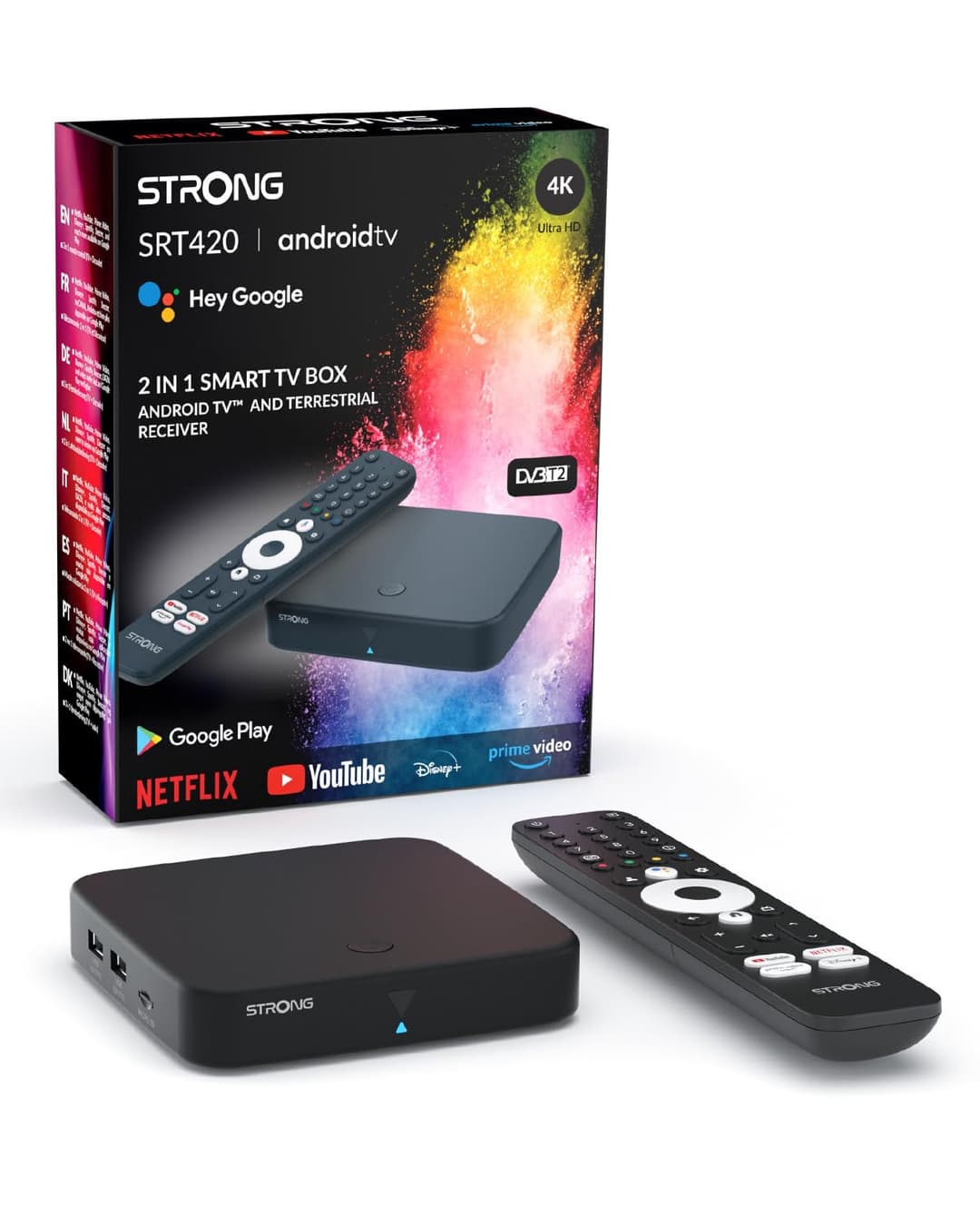 STRONG SRT420 Hybrid Streaming Box Android TV + TNT, 4K, HDR, Dolby® Digital and Dolby® Digital Plus, Chromecast, Voice Assistant Google, Netflix, Disney+, Prime, WiFi, Ethernet, Bluetooth