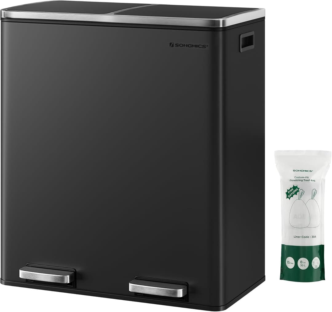 SONGMICS Dual Rubbish Bin, Metal Recycling Bin with 15 Ru…
