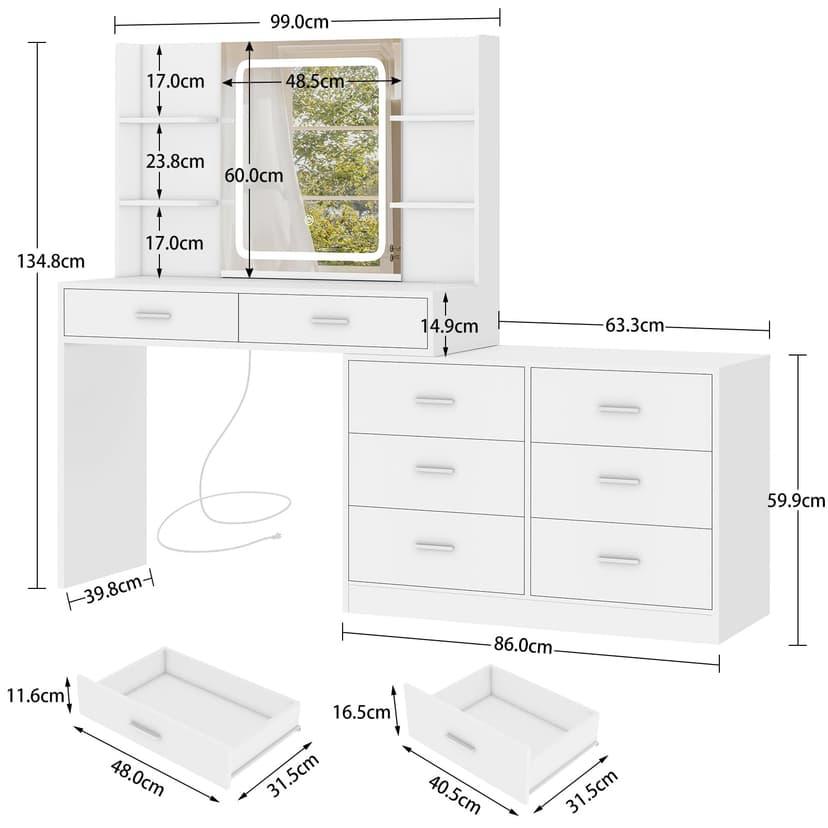 TEENFON Dressing Table with LED Light Mirror & Power Outlet, Vanity Table Makeup Desk with 8 Drawers and 6 Storage Shelves, 3 Color Modes & Adjustable Brightness Vanity desk, L Shape Change, White - 6