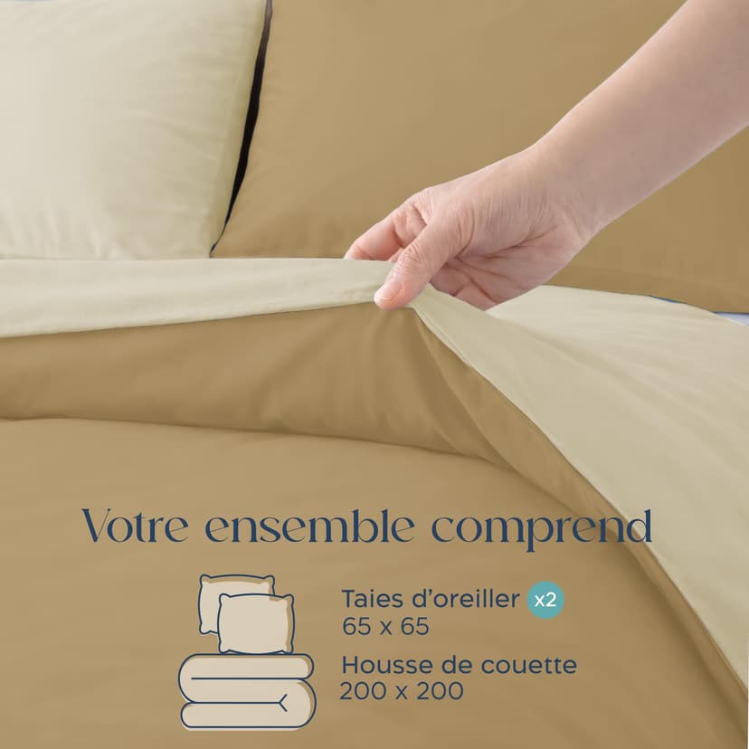 Twinzen Housse De Couette 200x200 cm Réversible, avec 2 Taie Oreiller 65x65 cm, Beige/Sable - Parure de Lit 200x200 en Microfibre - Oeko-Tex - 6