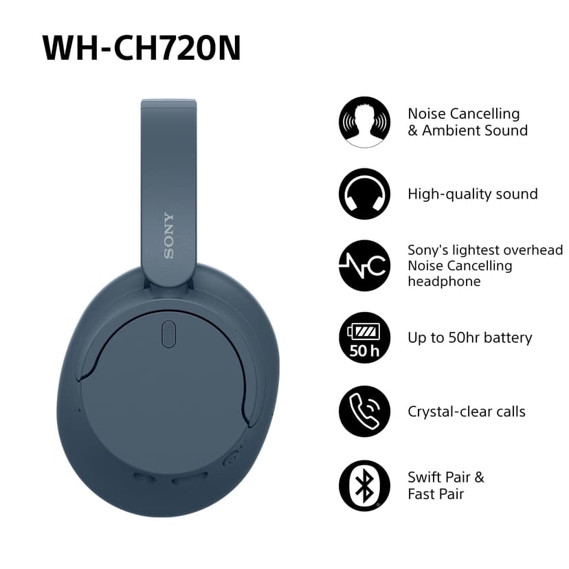 Sony WH-CH720N Wireless Bluetooth Noise Cancelling Over-Ear Headphones, Ambient Sound Mode, Lightweight Design, up to 50 hr battery life, iOS & Android - Blue - 2