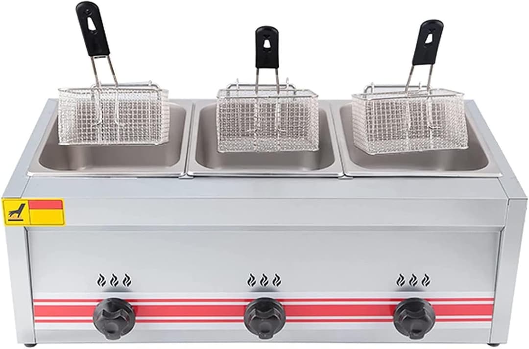 FANYING Professional Commercial Gas Fryer, Stainless Steel Lpg Fryer, Adjustable Firepower, Large Capacity Fryer, With Baskets and Lid, Easy Cleaning,Triplecylinder10l+10l+10l