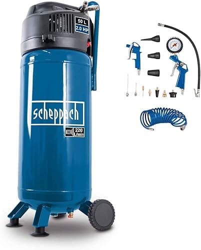 Scheppach Compresseur vertical portatif HC51V – Moteur puissant 1500 W – Sans huile – Cuve de 50 L – 10 bar – aspiration 220 L/min – Tuyau de 8 m + 13 accessoires inclus