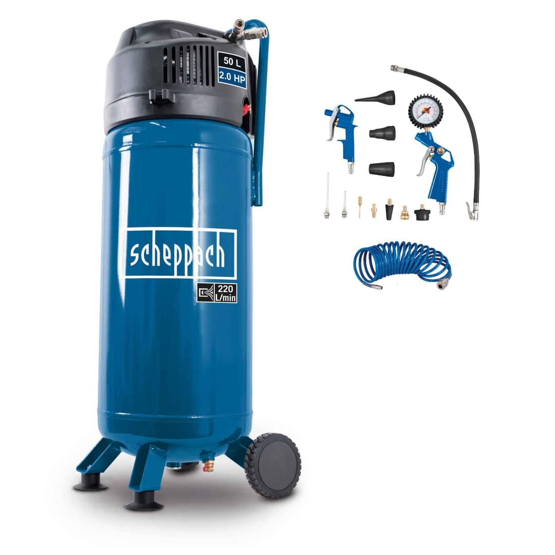 Scheppach HC51V 50L Air Compressor | 1500W Oil-Free 220L/min | Portable & Compact | Garage & Workshop | 10 Bar | Dual Quick-Connect | Inc. 8m Hose & Accessories