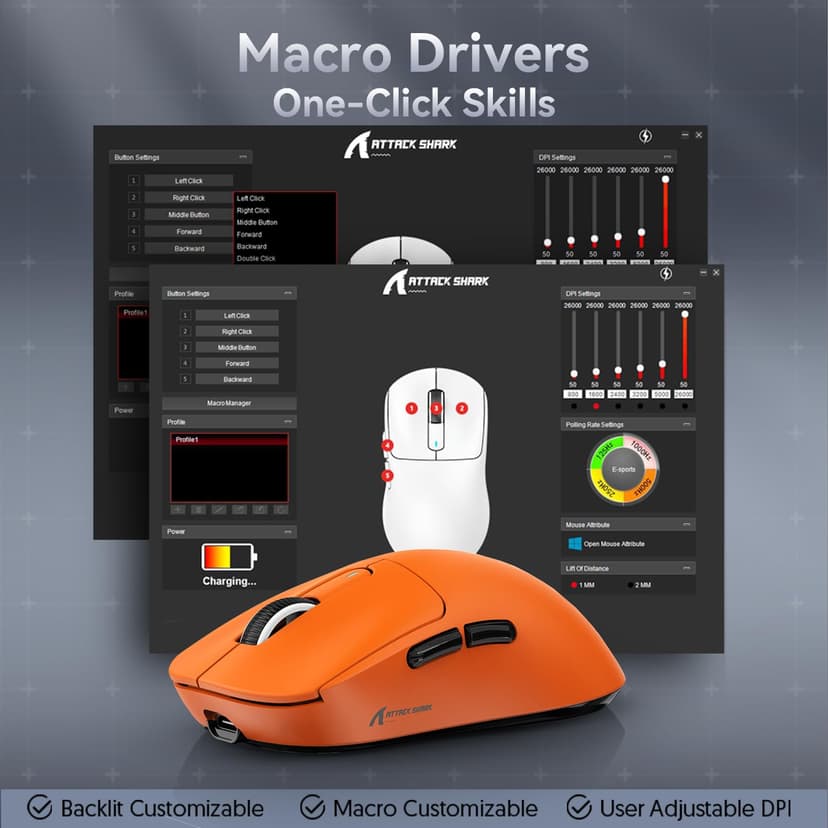 ATTACK SHARK X3 49g SUPERLIGHT Mouse, PixArt PAW3395 Gaming Sensor, BT/2.4G Wireless/Wired Gaming Mouse, 6 Adjustable DPI up to 26000, 200 Hrs Battery, Office Mice for Win11/Xbox/PS/Mac (Orange) - 9