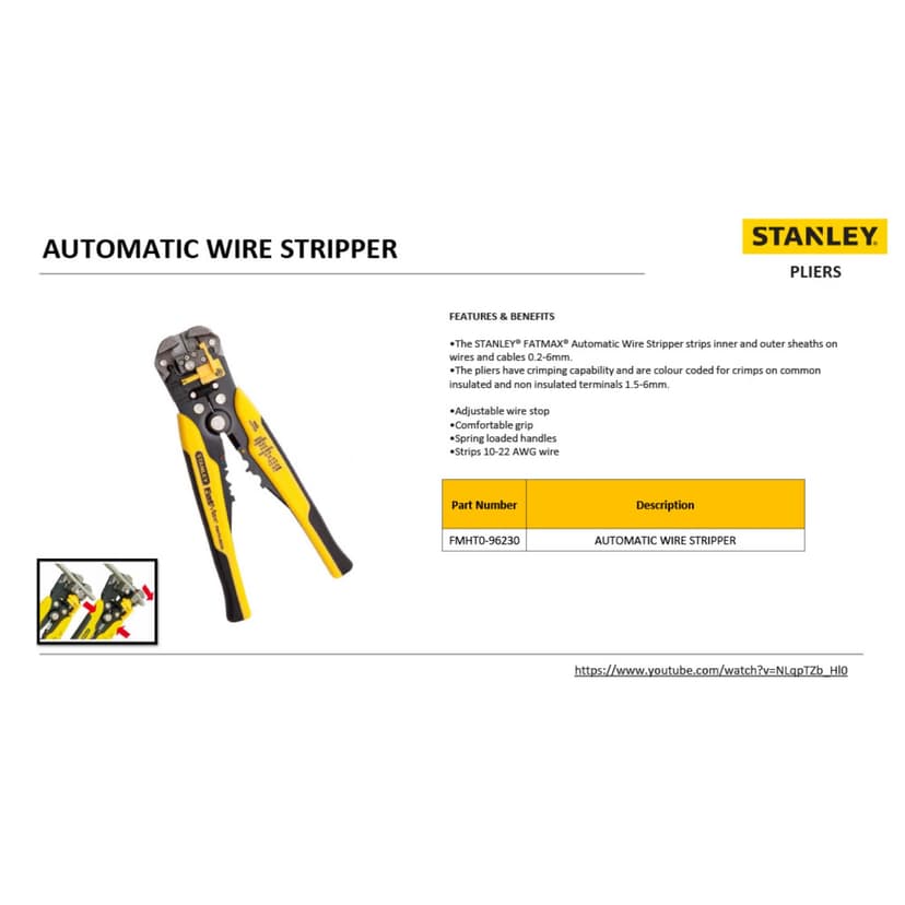 STANLEY Fmht0-96230 Pince À Dénuder Automatique Gamme FATMAX 20,3 cm - Branches Bi matières - Ressort de Rappel - molette de Serrage - Ouverture de mors de 0,2 à 6mm² avec Longueur de 6 à 18mm - - 5