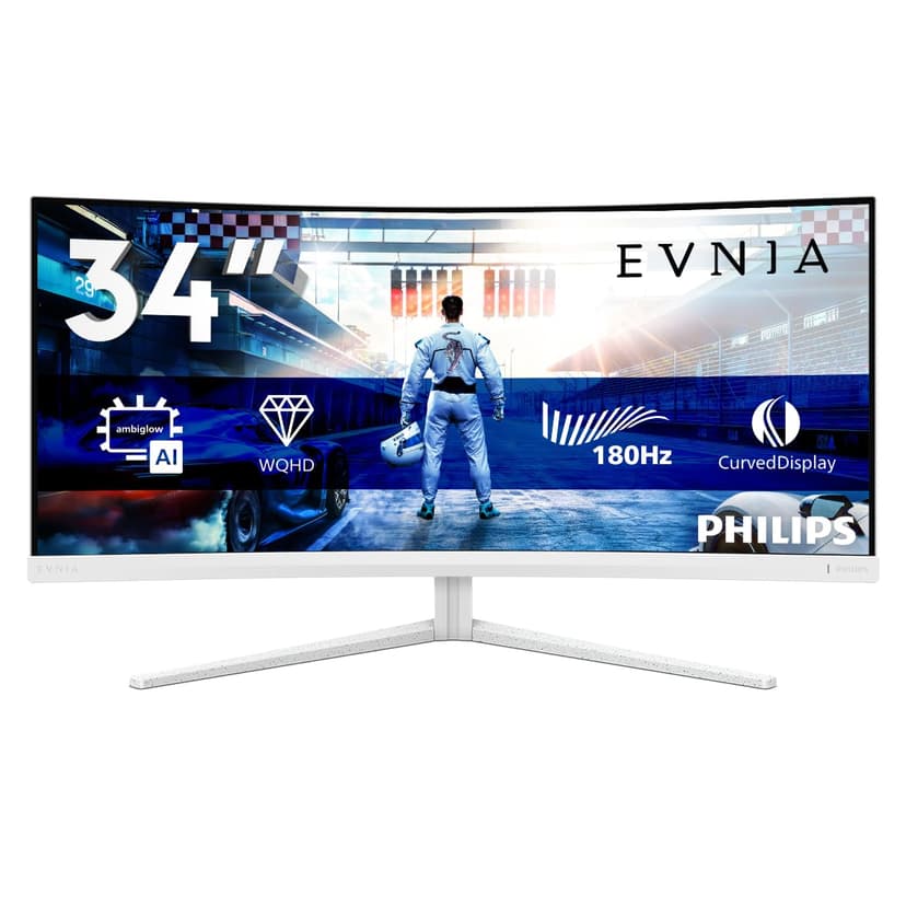 Philips Evnia 34M2C5501A - 34 inch WQHD Curved Gaming Monitor, 180 Hz, 1 ms, FreeSync Premium, Ambiglow (3440x1440, 2x HDMI 2.0, 1x DisplayPort 1.4, USB Hub) white - 2