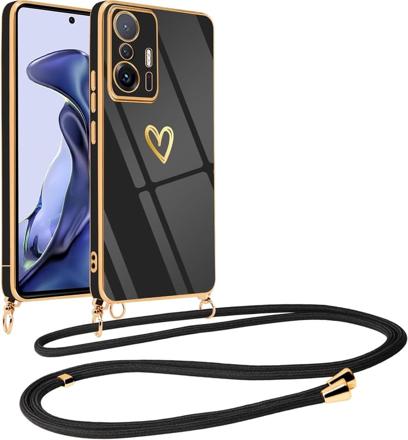 Vauki Case with Rope for Xiaomi 11T/Xiaomi 11T Pro 5G, Heart Pattern TPU Case, with Adjustable Pendant Necklace Neck Strap Chain Rope, Anti-Shock Soft Silicone Cover, Black - 1