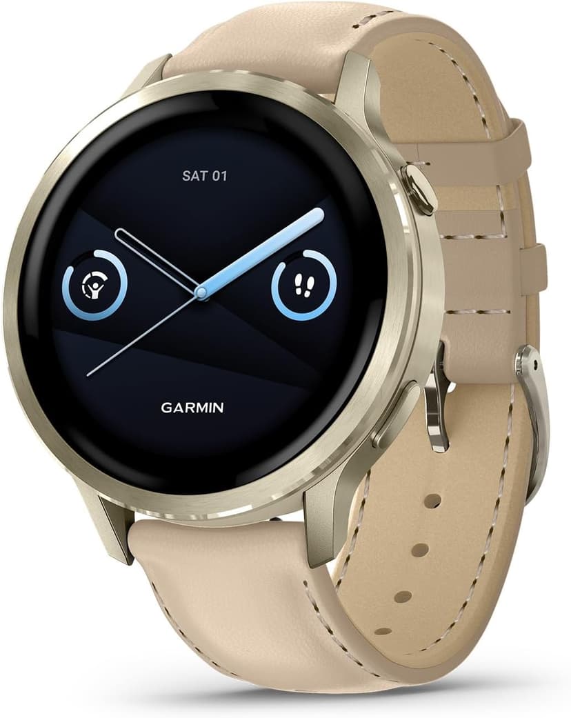 Garmin Venu® 4, 41mm, Advanced Health and Fitness GPS Smartwatch, Bright and Colorful Display, Built-in Flashlight, 10 Days of Battery Life, Lunar Gold with Bone Silicone Band/Light Sand Leather Band - 1