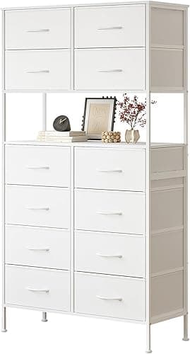 Mintnook High Chest of Drawers, White Storage Chest with Open Center Design, Tall Bedroom Chest with 12 Drawers, Large Capacity Storage Chest for Closet, Nursery, Living Room, White