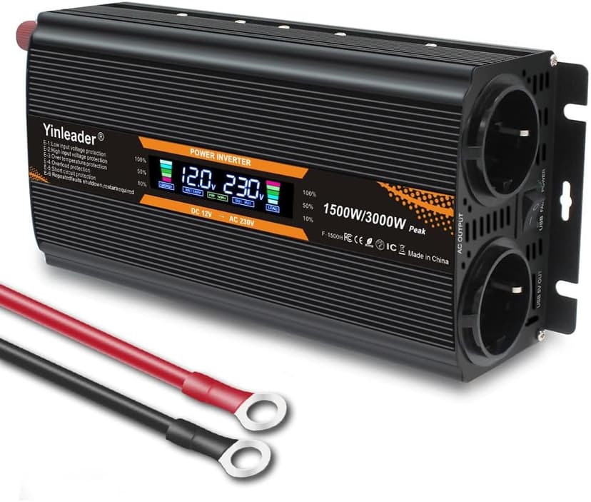 Yinleader Convertisseur 12V 24V à 220V 230V 1500W (3000W Crête), Onduleur Voiture Camion Auto-Détection avec 2 Prises EU, Écran LCD, USB, Idéal pour Camping-Car et Voyage - 1