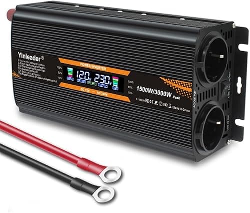 Yinleader Convertisseur 12V 24V à 220V 230V 1500W (3000W Crête), Onduleur Voiture Camion Auto-Détection avec 2 Prises EU, Écran LCD, USB, Idéal pour Camping-Car et Voyage