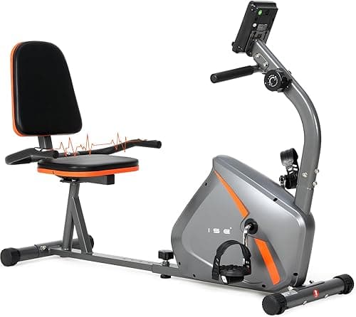 ISE Horizontal Exercise Bike with Adjustable Saddle, Recumbent Exercise Bike Ideal for Recovery Training, Pulse Sensors, Quiet, Grey