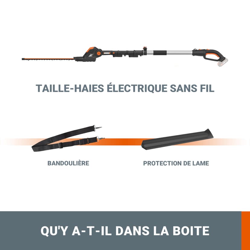 WORX Taille-Haies sans Fil sur perche 20V WG252E.9, Lame de 45 cm, écartement de 16 mm, manche télescopique, Léger et Ergonomique, Poignée Arrière Souple et Rotative, Livré sans Batterie ni Chargeur - 8