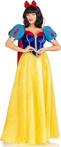 Leg Avenue 3 PC Royal Miss Snow, includes classic velvet and satin long ball gown with braided gold trim and stay up collar, detachable velvet cape, and bow headband