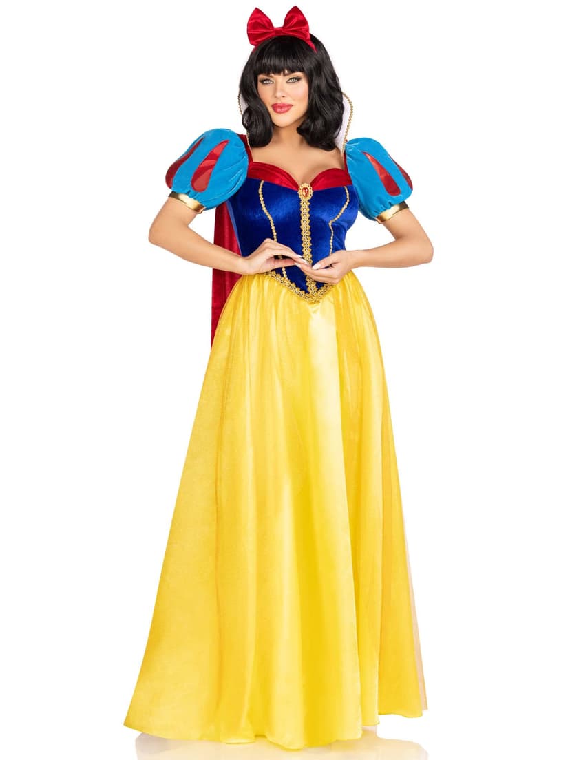 Leg Avenue 3 PC Royal Miss Snow, includes classic velvet and satin long ball gown with braided gold trim and stay up collar, detachable velvet cape, and bow headband - 1