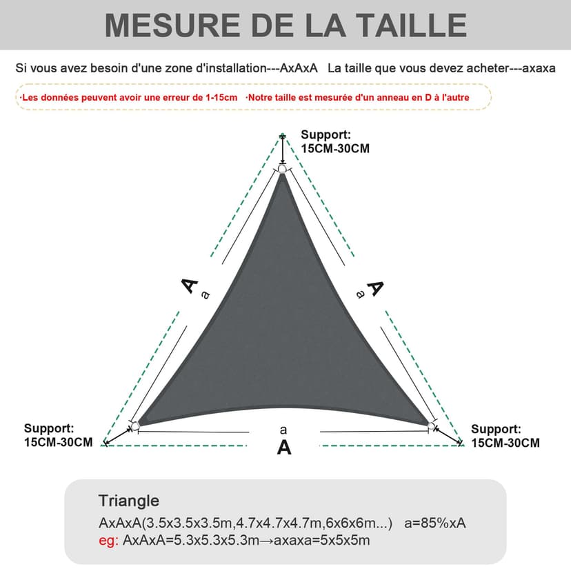HENG FENG Sun Shade Sail Triangle 3x3x3m Waterproof PES Polyester Canopy Awning Sunscreen with 95% UV Block for Outdoor Patio Garden Anthracite - 5