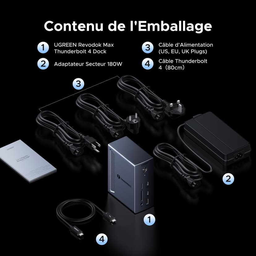 UGREEN Revodok Max 13 en 1 Thunderbolt 4 Dock 40Gbps avec 2 TBT4 et 1 DisplayPort Multi USB Data RJ45 1GbE SD TF 3.5mm Port Station d'accueil Dual 4K 60Hz Unique 8K 30Hz Écran Extension - 9