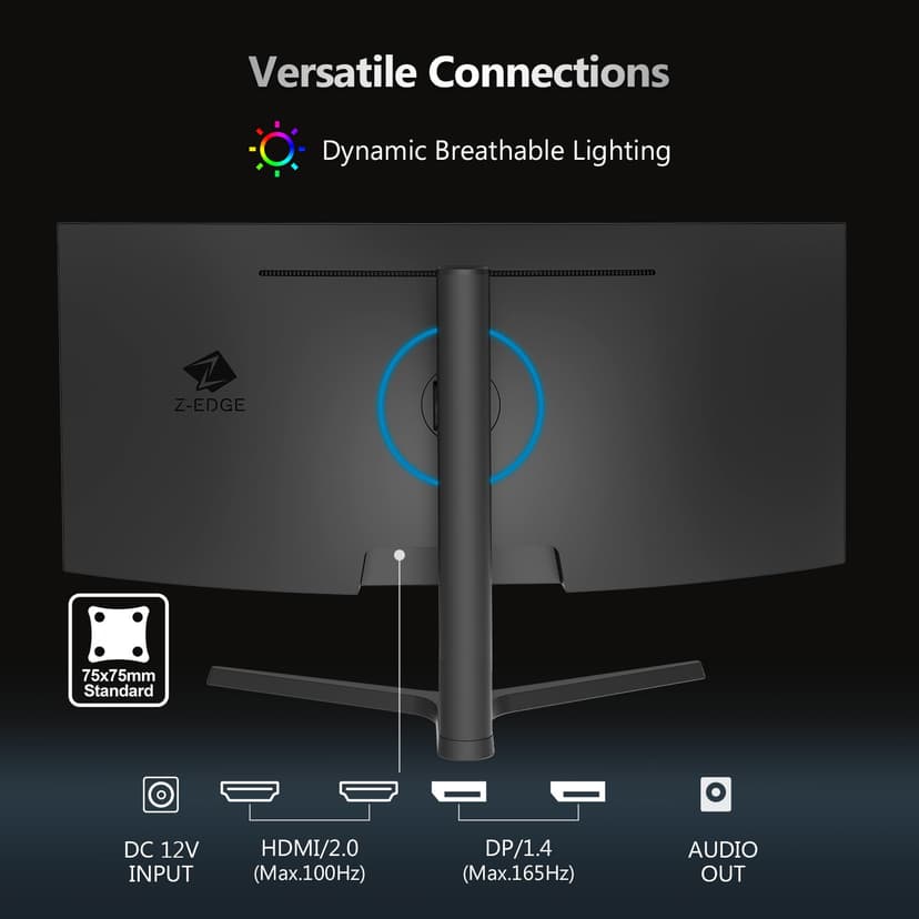 Z-Edge 34 Inch Ultrawide Curved Gaming Monitor 165Hz 1ms MPRT, 3440x1440 UWQHD, 21:9 VA Panel, Tilt Swivel Height Adjustable, FreeSync, DisplayPort (165Hz) HDMI (100Hz), PIP & PBP, Black - 5