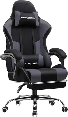 GTPLAYER Chaise de Gaming en Tissu - Ergonomique - avec Repose-Pieds - Appuie-tête - Coussin Lombaire - Rembourré - Pivotant, Supporte 150 kg, Gris