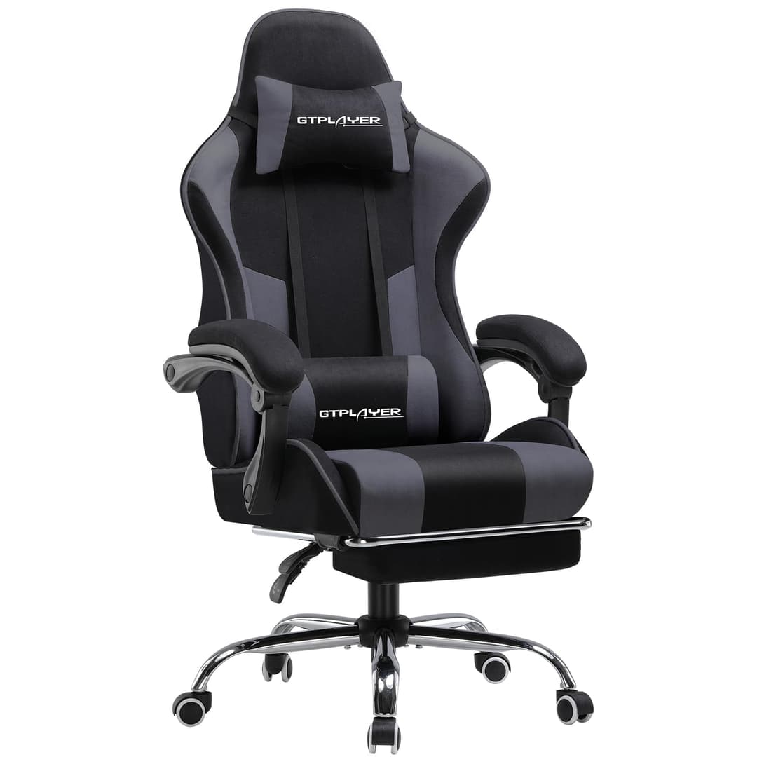 GTPLAYER Chaise de Gaming en Tissu - Ergonomique - avec Repose-Pieds - Appuie-tête - Coussin Lombaire - Rembourré - Pivotant, Supporte 150 kg, Gris