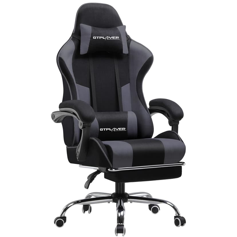 GTPLAYER Chaise de Gaming en Tissu - Ergonomique - avec Repose-Pieds - Appuie-tête - Coussin Lombaire - Rembourré - Pivotant, Supporte 150 kg, Gris - 1