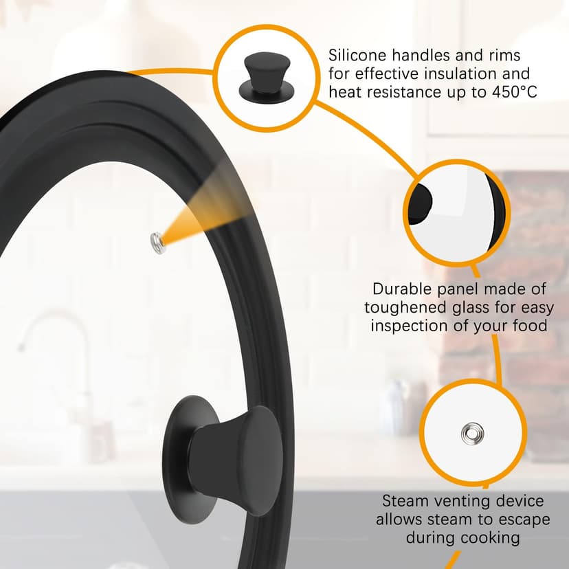 Talifoca Universal Glass Lid, Black, 28/30/32 cm, Tempered Glass & Silicone, Heat Resistant, Steam Hole, Dishwasher & Microwave Safe - 3