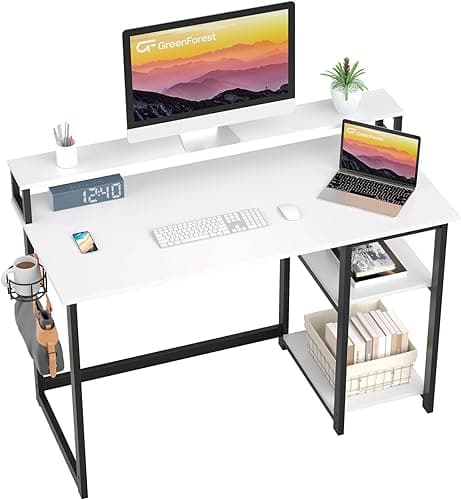 GreenForest Office Desk with Full Monitor Stand,100 cm Home Computer Desk with Reversible Storage Shelves,Small Study Desk with Headphone Hook and Cup Holder,White