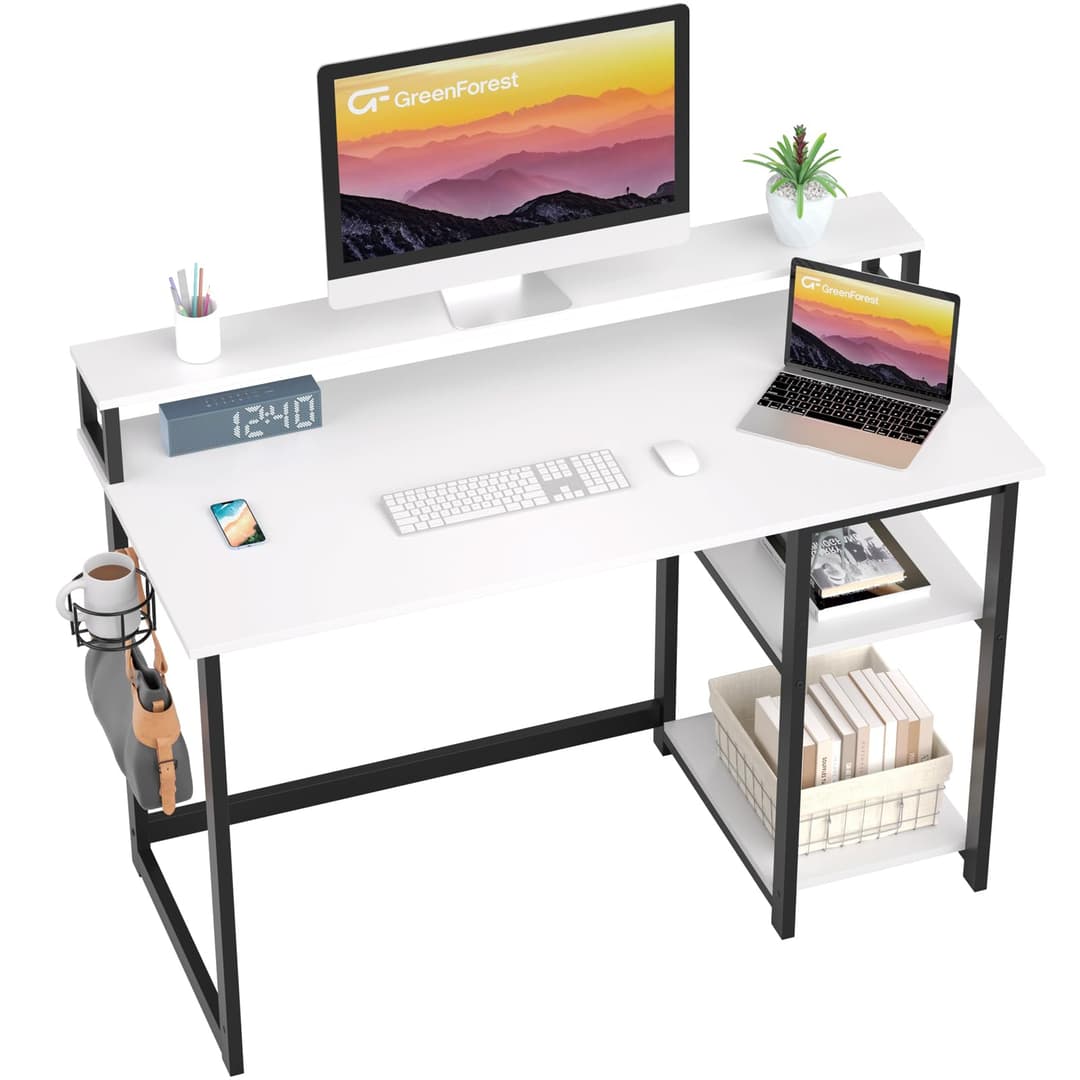 GreenForest Office Desk with Full Monitor Stand,100 cm Home Computer Desk with Reversible Storage Shelves,Small Study Desk with Headphone Hook and Cup Holder,White