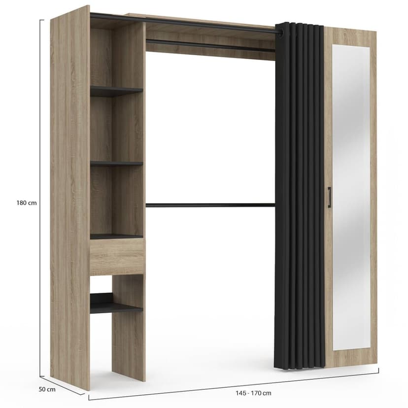 IDMarket - Dressing extensible MERYL 145/170 x 50 x 180 cm hêtre avec étagères + double penderie + miroir + rideau noir - 4