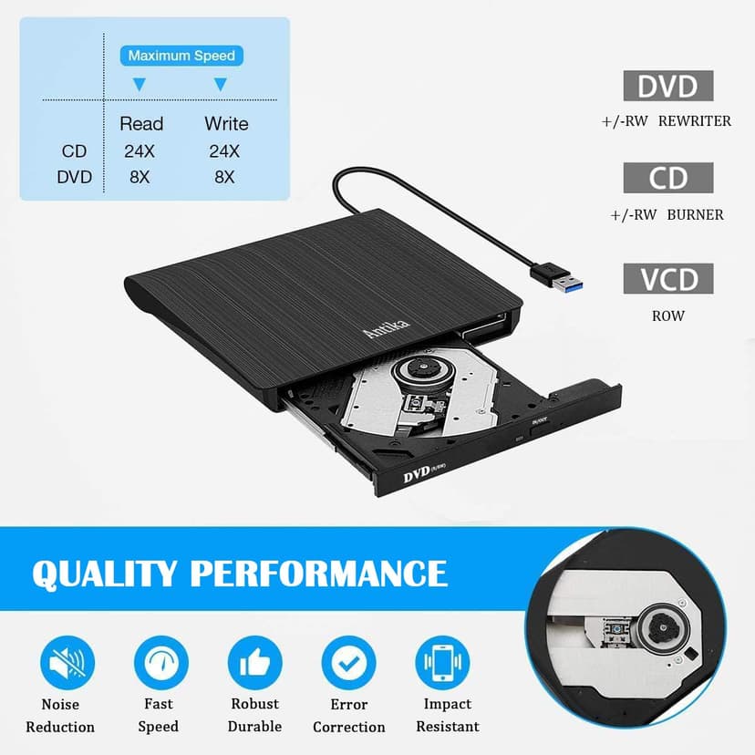 Lecteur CD DVD Externe,Antika USB 3.0 Portable Graveur et Lecteur de CD-RW/DVD-RW Portable Compatible avec Ordinateurs Windows XP/7/8/10 Mac, MacBook Air/Pro - 4